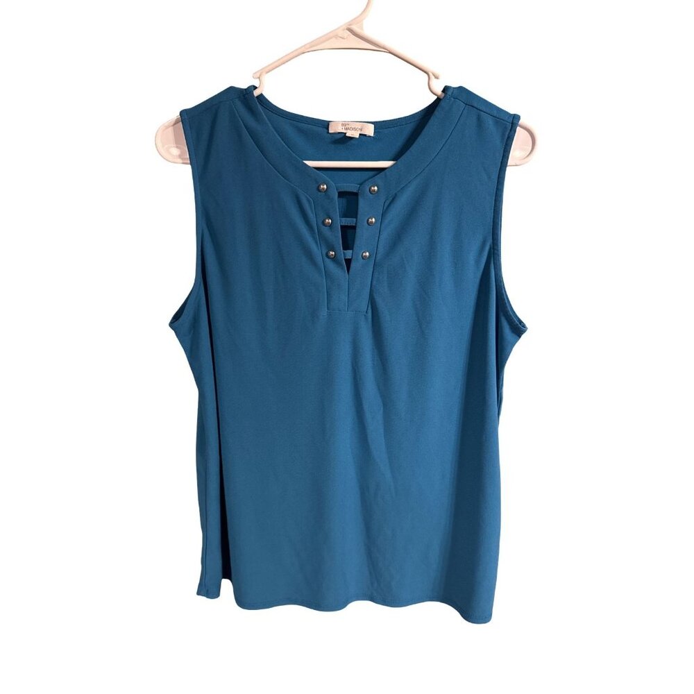 Sleeveless Blue‎ Top With Studded V-Neck By 89th & Madison